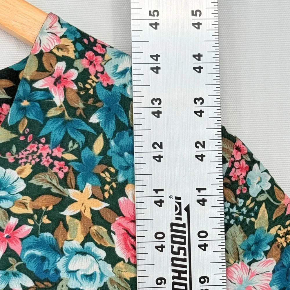 Caroline Wells II Floral Button Front Dress Womens 16 Teal Pink Cottagecore Vtg